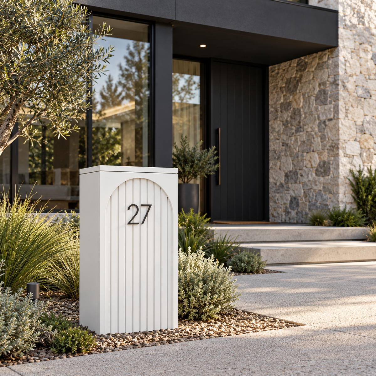 The Yamba white arched parcel letterbox at a new home frontage