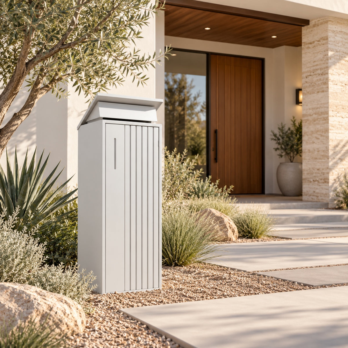 The Otway white freestanding parcel letterbox with vertical slats, by Hello Kerb
