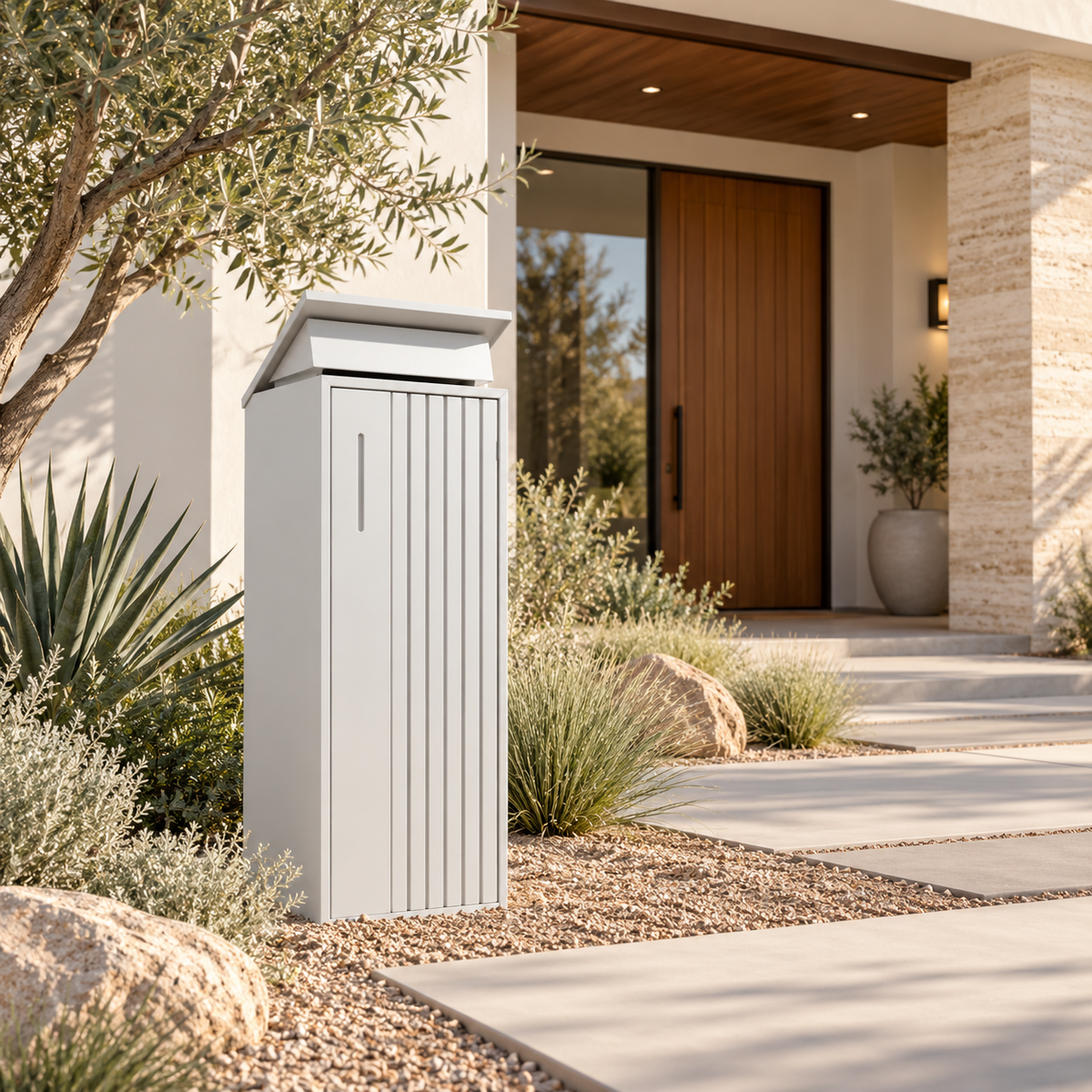 White parcel letterbox complementing a modern home frontage and native garden